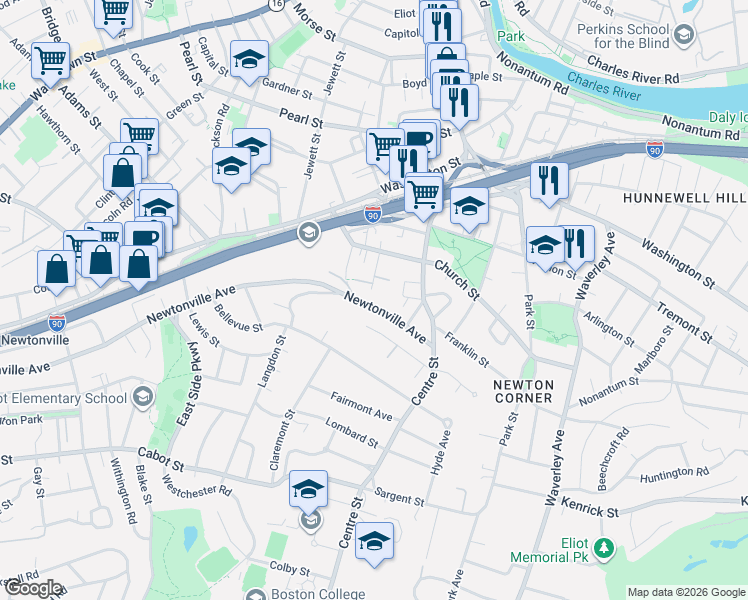 map of restaurants, bars, coffee shops, grocery stores, and more near 62 Newtonville Avenue in Newton