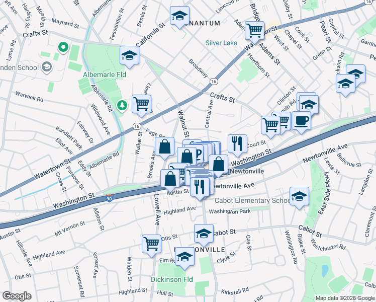 map of restaurants, bars, coffee shops, grocery stores, and more near 227 Walnut Street in Newton