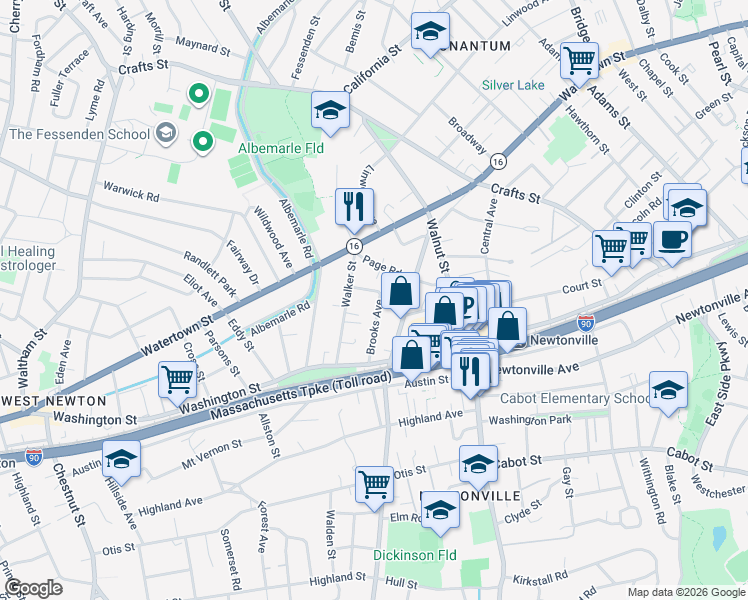 map of restaurants, bars, coffee shops, grocery stores, and more near 40 Brooks Avenue in Newton