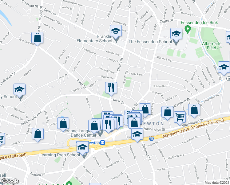 map of restaurants, bars, coffee shops, grocery stores, and more near in Newton