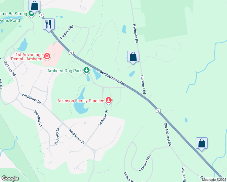 map of restaurants, bars, coffee shops, grocery stores, and more near 9 Research Drive in Amherst