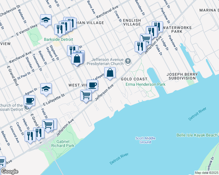 map of restaurants, bars, coffee shops, grocery stores, and more near 8250 East Jefferson Avenue in Detroit