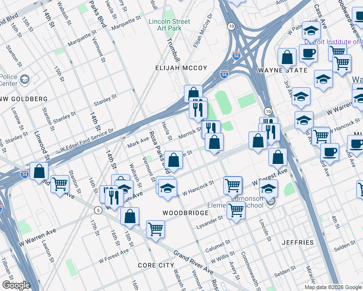 map of restaurants, bars, coffee shops, grocery stores, and more near 1704 Putnam Street in Detroit