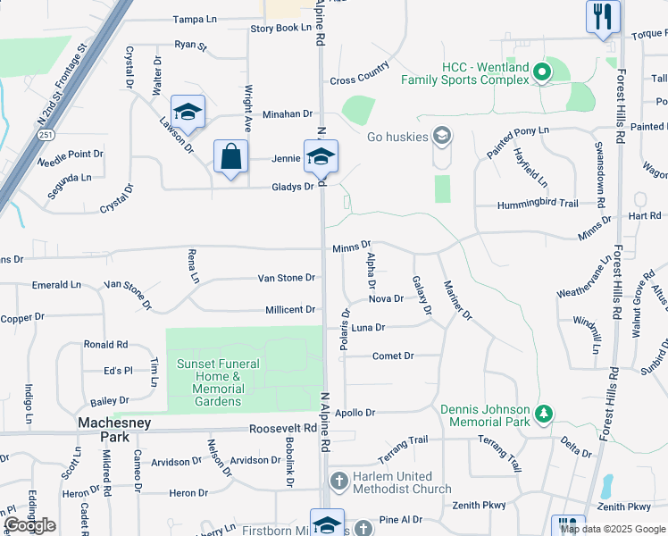 map of restaurants, bars, coffee shops, grocery stores, and more near 8943 Polaris Drive in Machesney Park