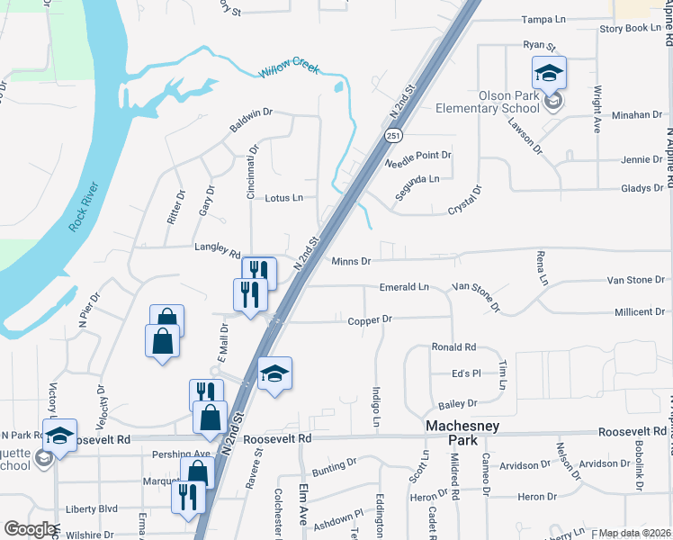 map of restaurants, bars, coffee shops, grocery stores, and more near 824 Emerald Lane in Machesney Park
