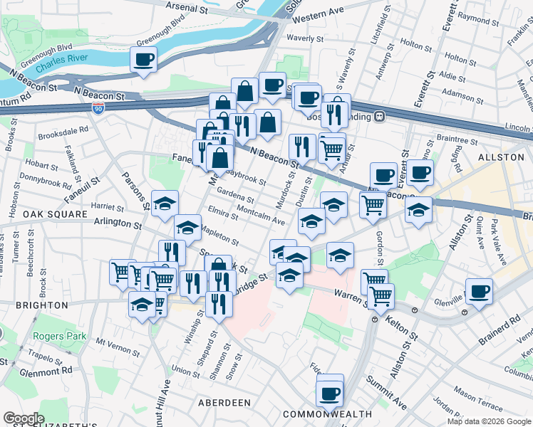 map of restaurants, bars, coffee shops, grocery stores, and more near 87 Murdock Street in Boston