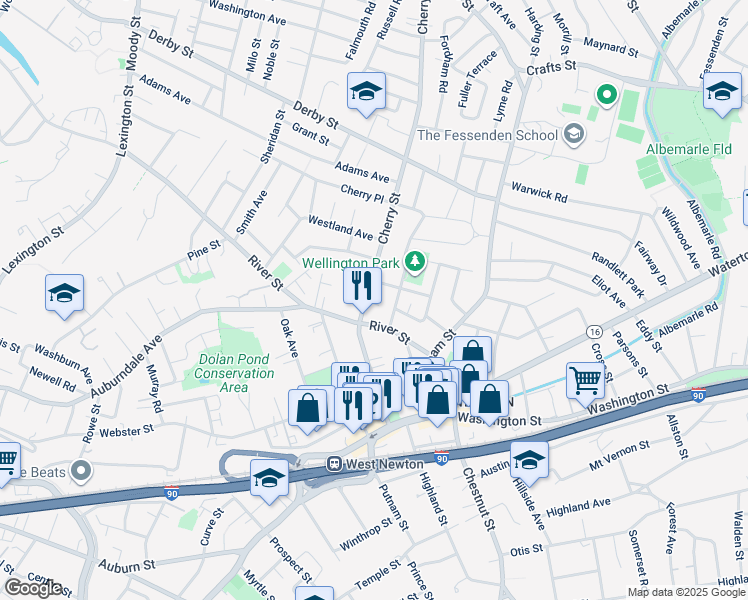 map of restaurants, bars, coffee shops, grocery stores, and more near in Newton