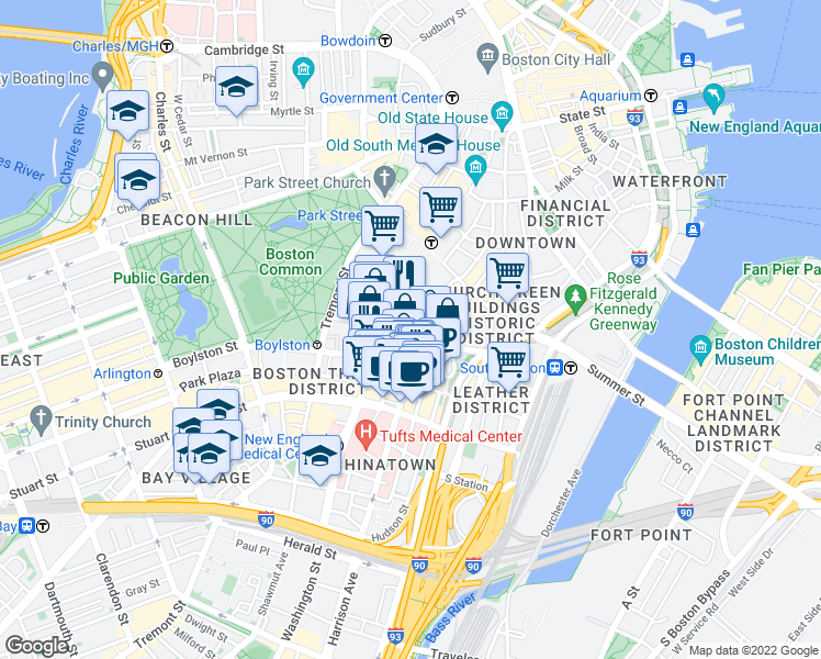 map of restaurants, bars, coffee shops, grocery stores, and more near 99 Chauncy Street in Boston