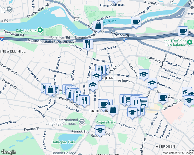 map of restaurants, bars, coffee shops, grocery stores, and more near 278 Faneuil Street in Boston