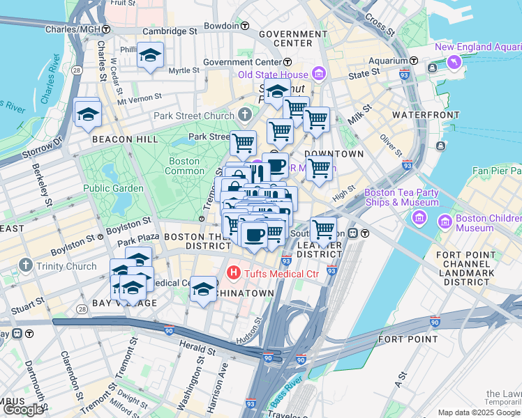 map of restaurants, bars, coffee shops, grocery stores, and more near 99 Chauncy Street in Boston