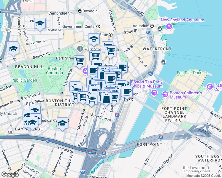map of restaurants, bars, coffee shops, grocery stores, and more near 125 Summer Street in Boston