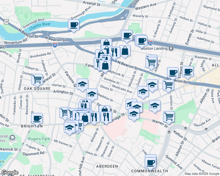 map of restaurants, bars, coffee shops, grocery stores, and more near 38 Elmira Street in Boston
