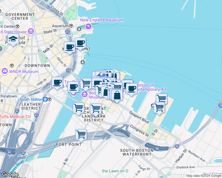 map of restaurants, bars, coffee shops, grocery stores, and more near 30 Northern Avenue in Boston