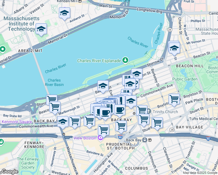 map of restaurants, bars, coffee shops, grocery stores, and more near Beacon St & Exeter St in Boston