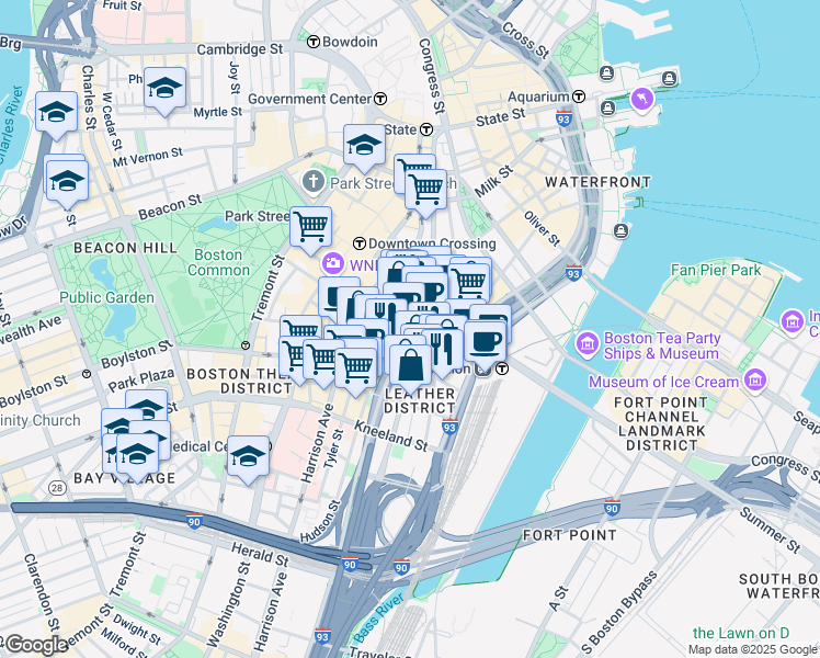 map of restaurants, bars, coffee shops, grocery stores, and more near 89 Bedford Street in Boston