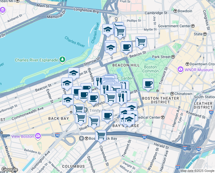 map of restaurants, bars, coffee shops, grocery stores, and more near 12 Commonwealth Avenue in Boston