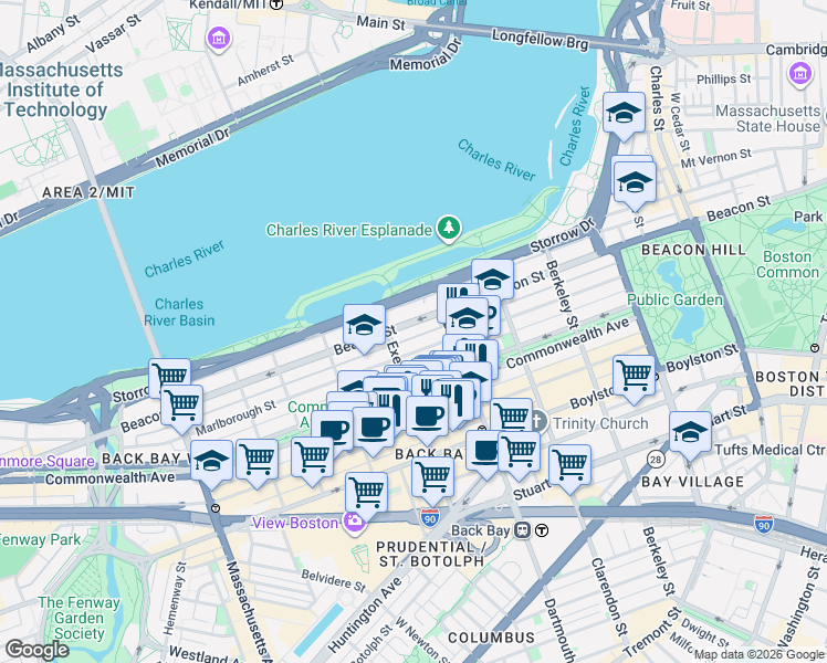 map of restaurants, bars, coffee shops, grocery stores, and more near 193 Marlborough Street in Boston