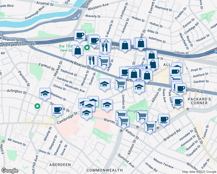 map of restaurants, bars, coffee shops, grocery stores, and more near 12 Saunders Street in Boston