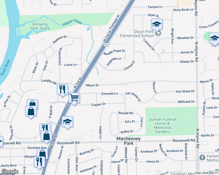 map of restaurants, bars, coffee shops, grocery stores, and more near 1041 Minns Drive in Machesney Park