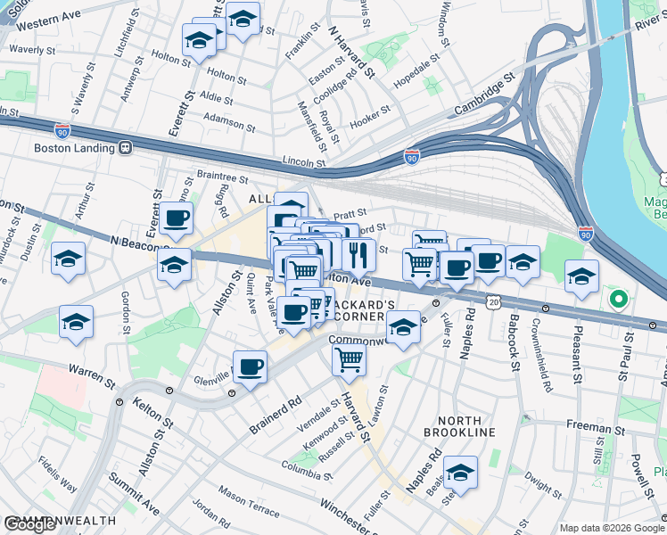 map of restaurants, bars, coffee shops, grocery stores, and more near 100 U.S. 20 in Boston