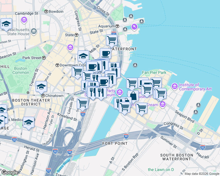 map of restaurants, bars, coffee shops, grocery stores, and more near 290 Congress Street in Boston