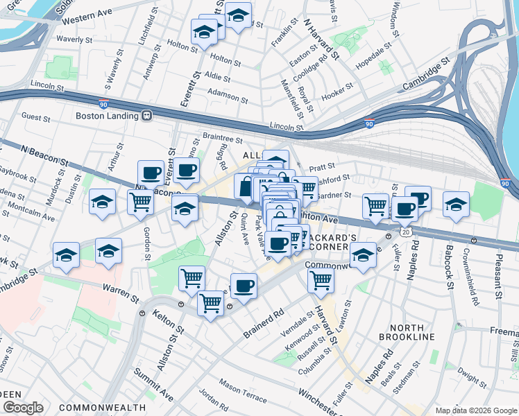 map of restaurants, bars, coffee shops, grocery stores, and more near Brighton Avenue & Park Vale Avenue in Boston