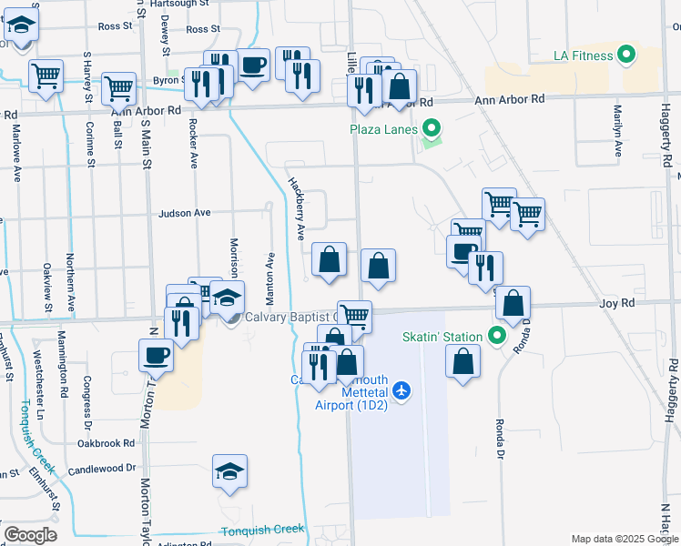 map of restaurants, bars, coffee shops, grocery stores, and more near 8867 North Lilley Road in Plymouth