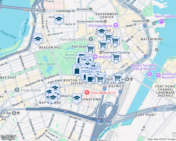 map of restaurants, bars, coffee shops, grocery stores, and more near 1 Hayward Place in Boston
