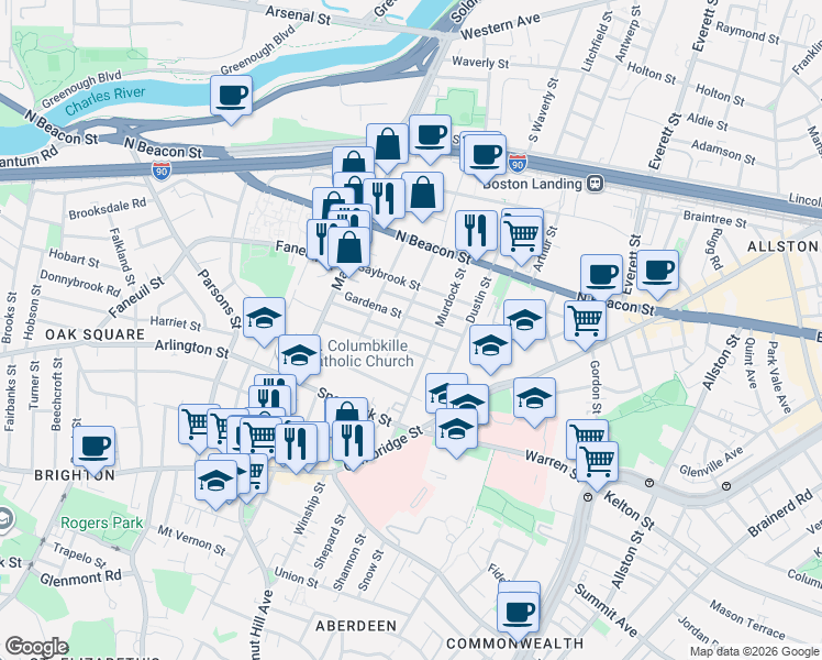 map of restaurants, bars, coffee shops, grocery stores, and more near 96 Etna Street in Boston