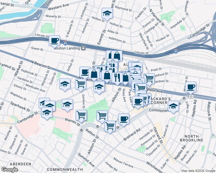 map of restaurants, bars, coffee shops, grocery stores, and more near 21-23 Higgins Street in Boston