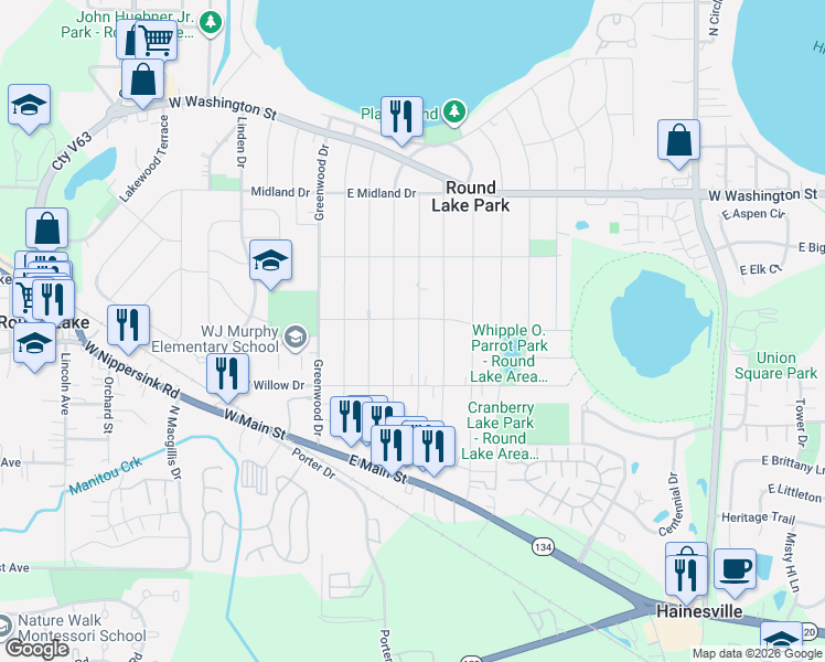 map of restaurants, bars, coffee shops, grocery stores, and more near 217 Highmoor Drive in Round Lake Park