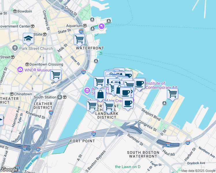 map of restaurants, bars, coffee shops, grocery stores, and more near 20 Seaport Boulevard in Boston