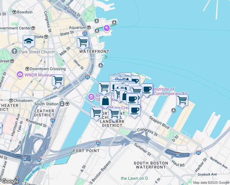 map of restaurants, bars, coffee shops, grocery stores, and more near 64 Seaport Boulevard in Boston