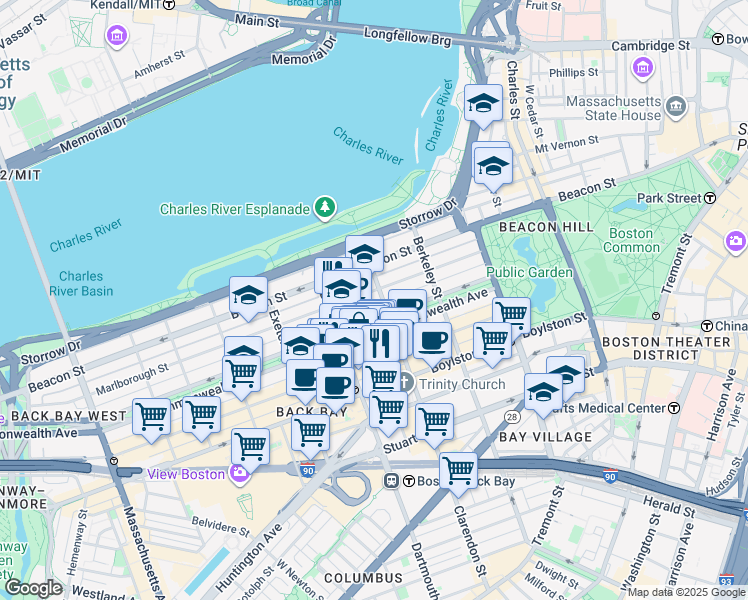 map of restaurants, bars, coffee shops, grocery stores, and more near 123 Commonwealth Avenue in Boston
