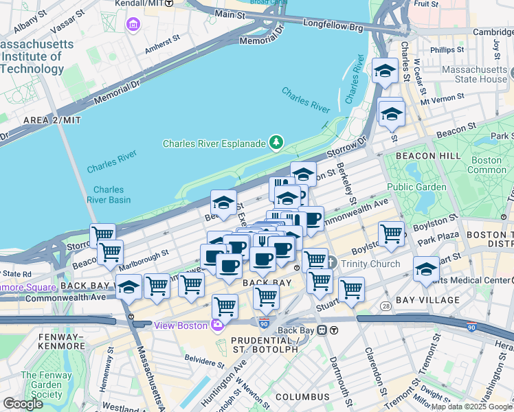 map of restaurants, bars, coffee shops, grocery stores, and more near 193 Marlborough Street in Boston