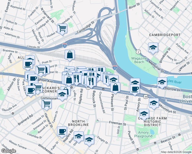 map of restaurants, bars, coffee shops, grocery stores, and more near in Boston