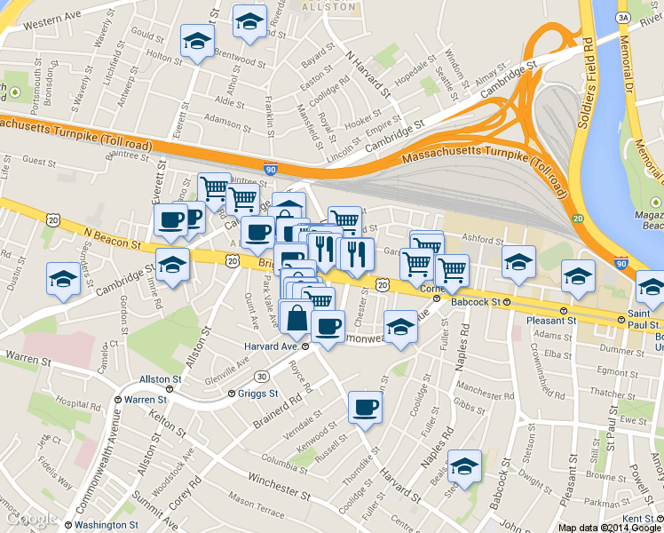 map of restaurants, bars, coffee shops, grocery stores, and more near 100 U.S. 20 in Boston