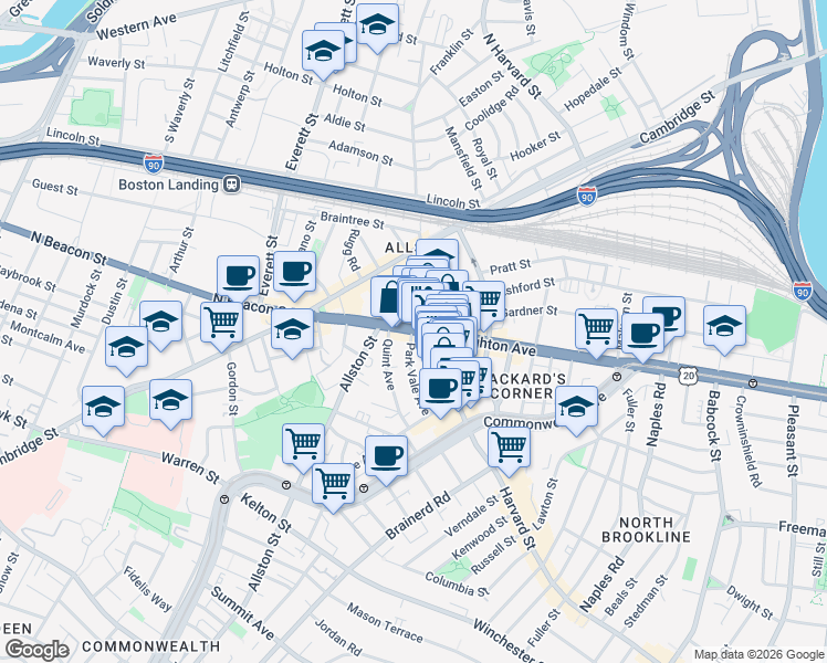 map of restaurants, bars, coffee shops, grocery stores, and more near 47 Park Vale Avenue in Boston