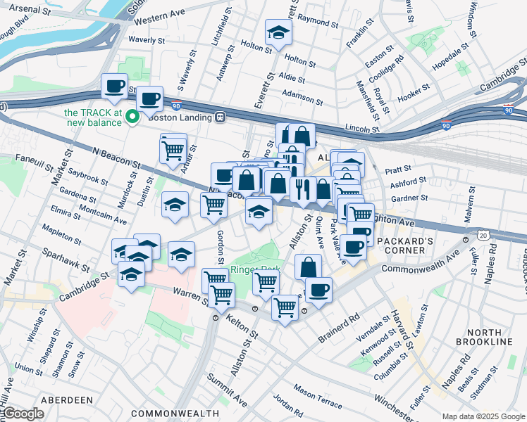 map of restaurants, bars, coffee shops, grocery stores, and more near 1 Islington Street in Boston