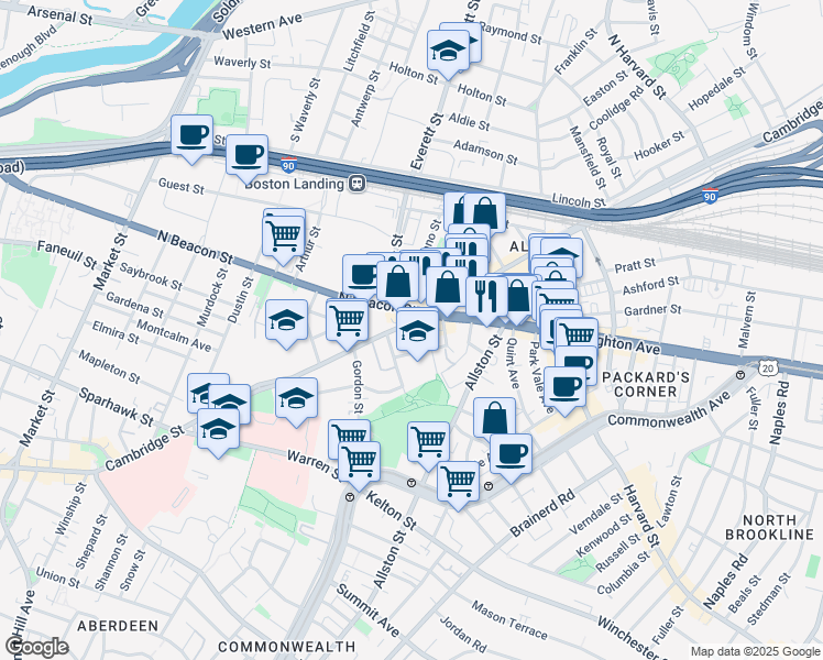 map of restaurants, bars, coffee shops, grocery stores, and more near 1 Islington Street in Boston