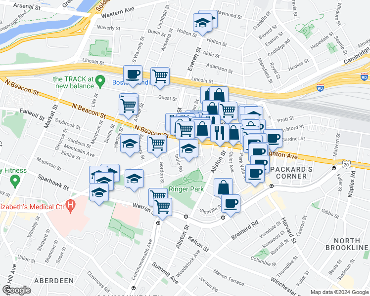 map of restaurants, bars, coffee shops, grocery stores, and more near 1 Islington Street in Boston