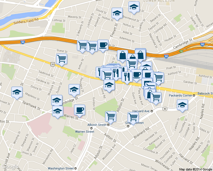 map of restaurants, bars, coffee shops, grocery stores, and more near 1 Islington Street in Boston