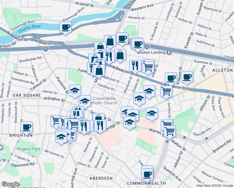 map of restaurants, bars, coffee shops, grocery stores, and more near 96 Etna Street in Boston