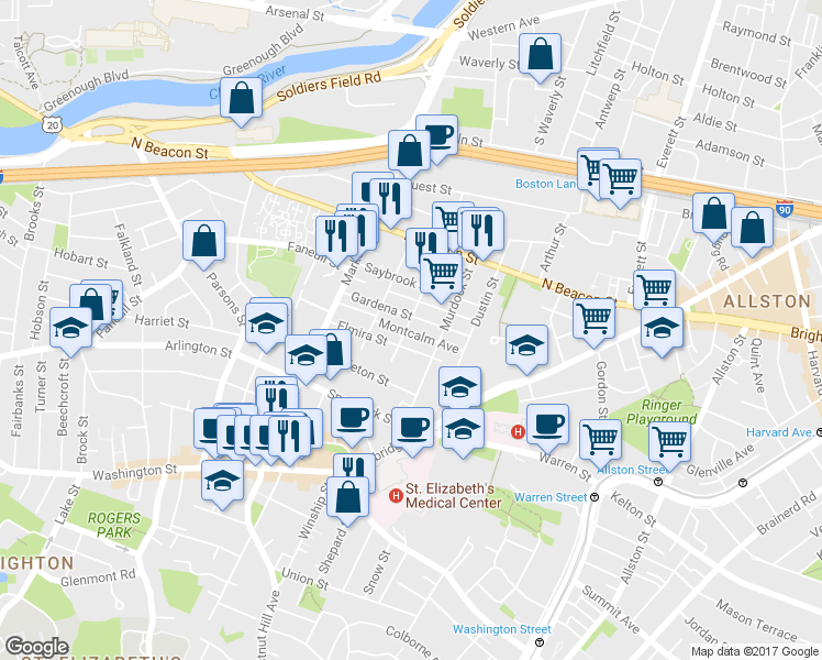 map of restaurants, bars, coffee shops, grocery stores, and more near 96 Etna Street in Boston