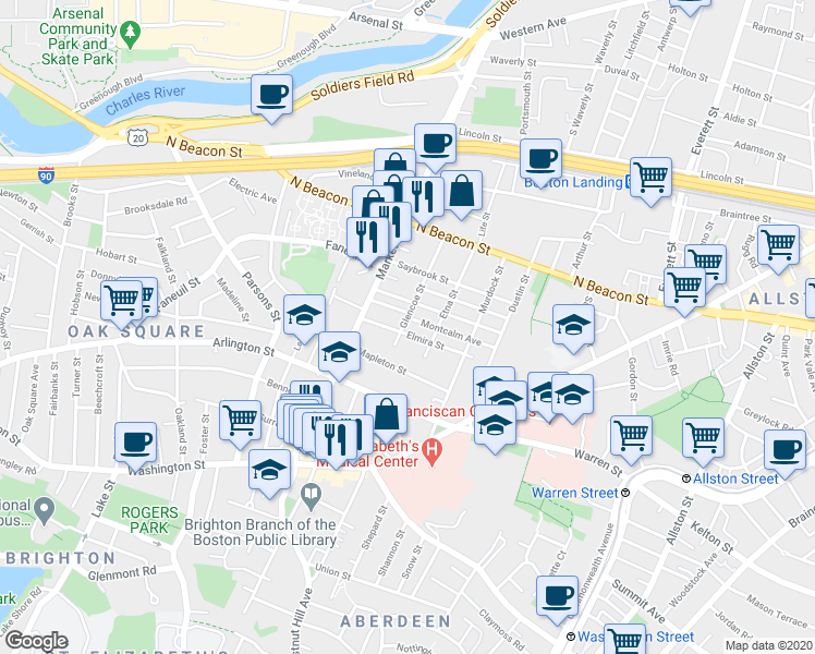 map of restaurants, bars, coffee shops, grocery stores, and more near 90 Glencoe Street in Boston