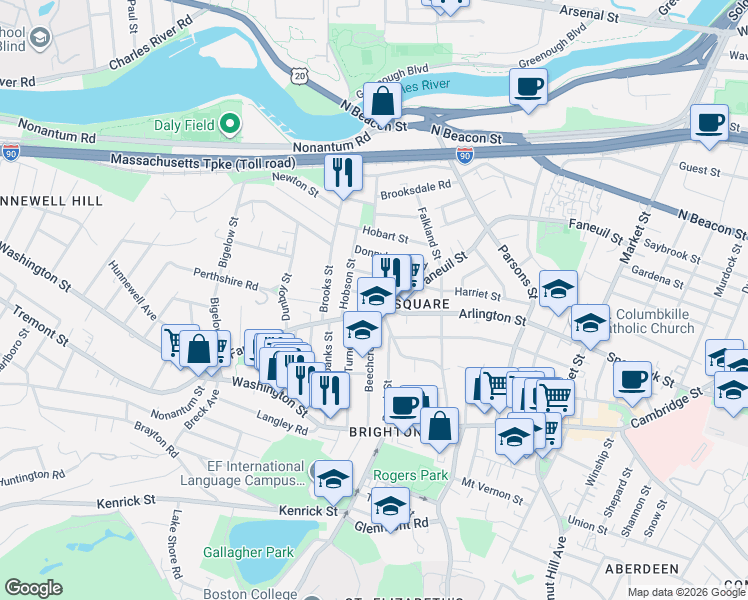 map of restaurants, bars, coffee shops, grocery stores, and more near 278 Faneuil Street in Boston