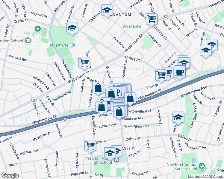 map of restaurants, bars, coffee shops, grocery stores, and more near 227 Walnut Street in Newton