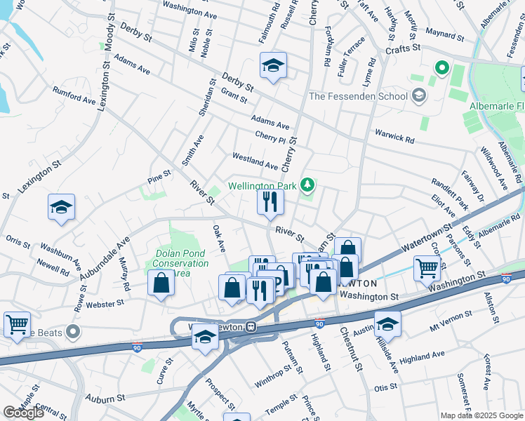 map of restaurants, bars, coffee shops, grocery stores, and more near 106A River Street in Newton
