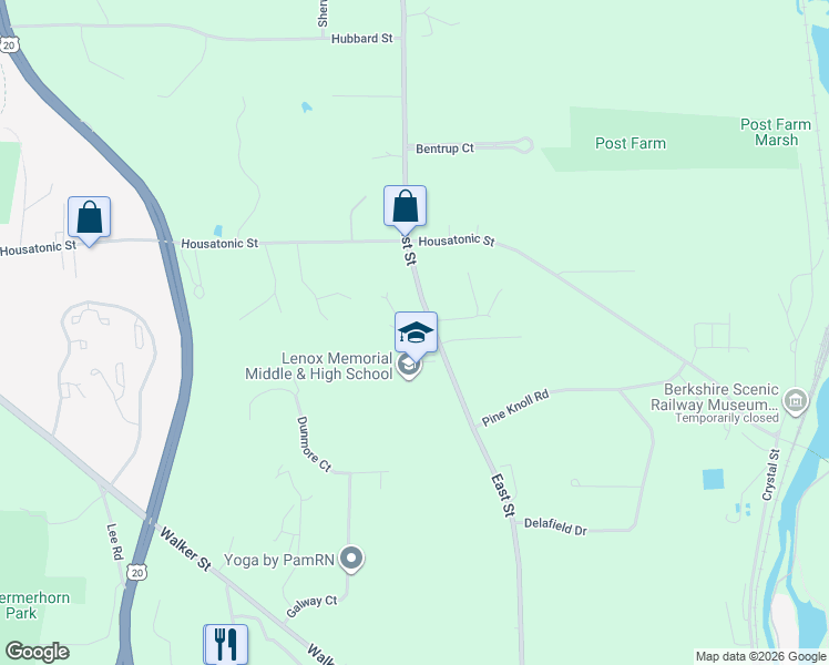 map of restaurants, bars, coffee shops, grocery stores, and more near 161 East St in Lenox