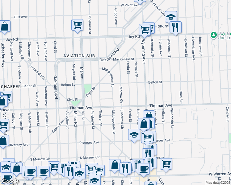 map of restaurants, bars, coffee shops, grocery stores, and more near 8050 Middlepoint Street in Detroit
